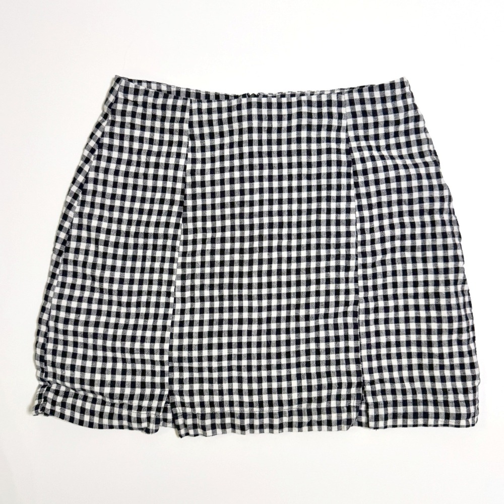 Reformation Mini Skirt 0 Black White Gingham Linen High Waisted Front Slit